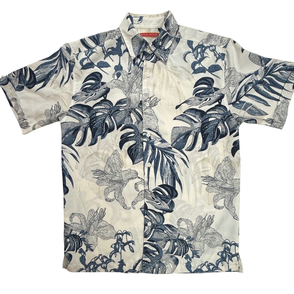 Havanera Co Mens Tropical Floral Monstera Leaf Print Short Sleeve Shirt Blue‎ XL